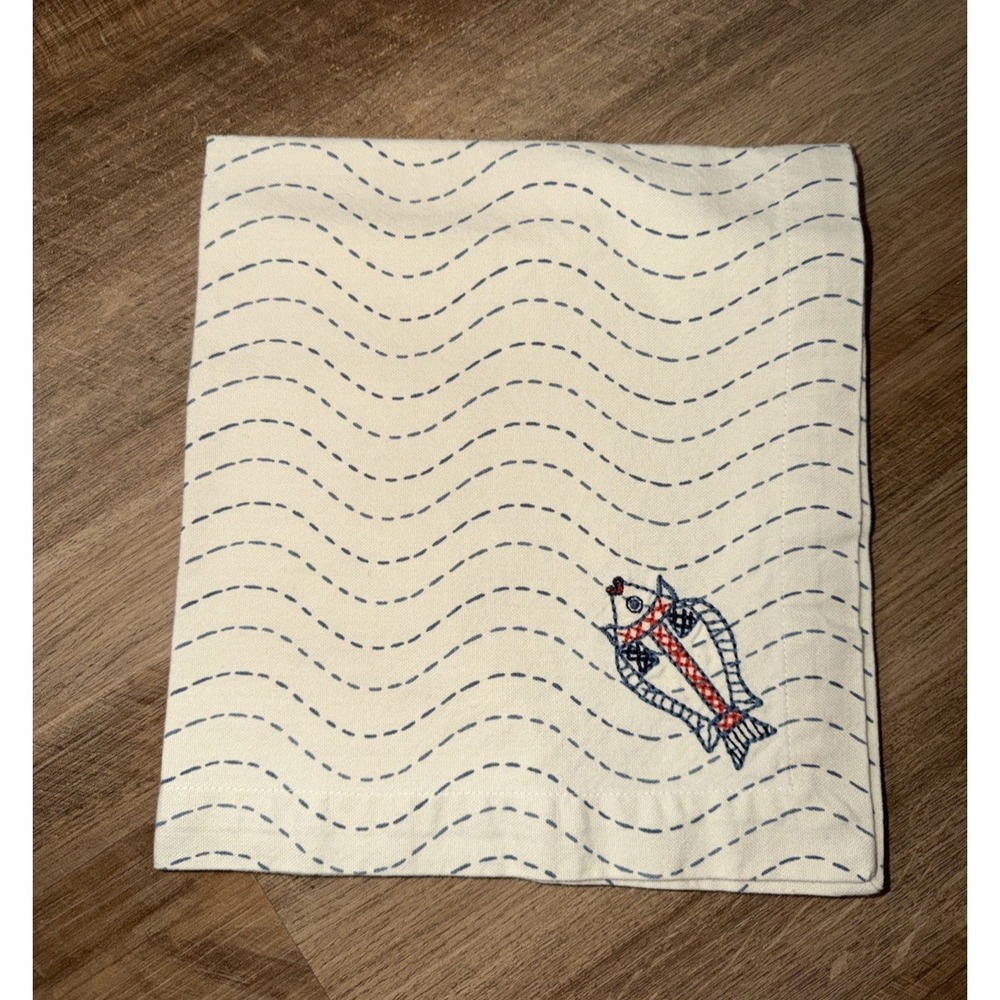 Pottery Barn Dinner Napkins Embroidered Kissing Fish Cotton Set of 4